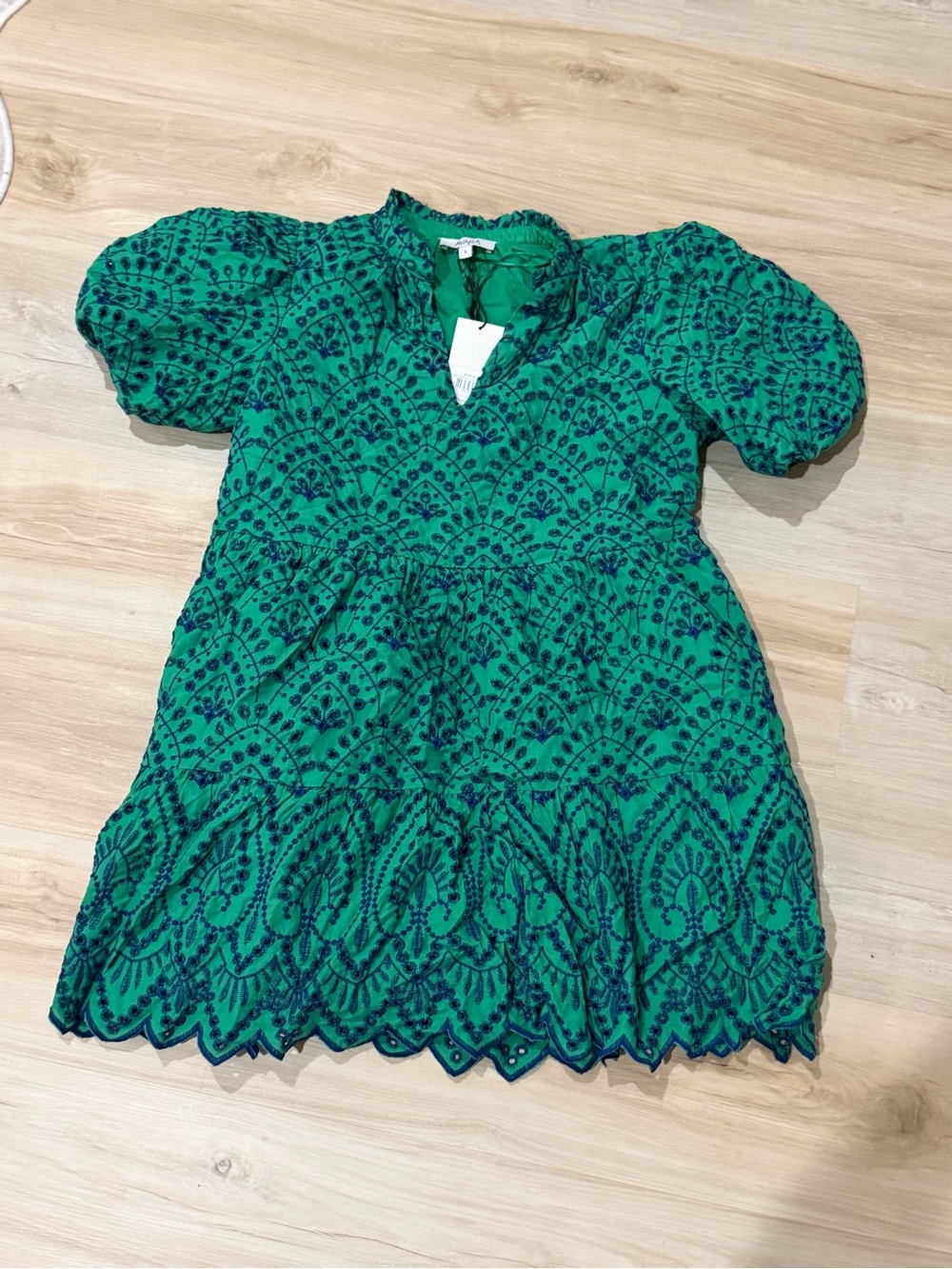 Green Embroidered Puff Sleeve Dress